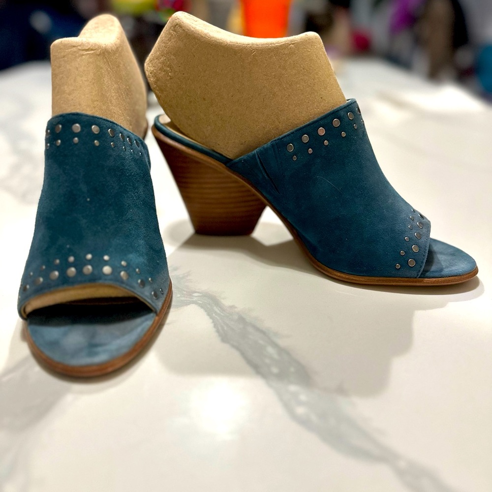 Vince Camuto Teal Suede Studded Open-Toe Mule Heels